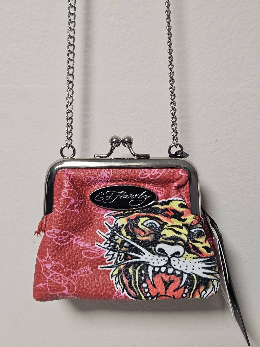 Ed Hardy Red Tiger Kiss-Lock Chain Clutch Coin Purse Crossbody
